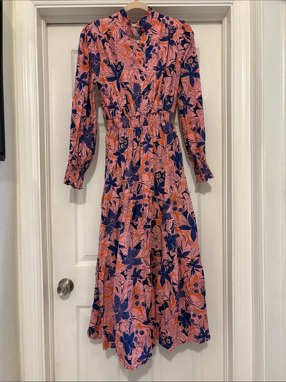 Karlie Pink and Navy Floral Long Sleeve Midi Dress